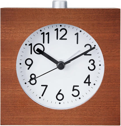 Wooden Analog Alarm Clock Silent Battery Operated with Night Light | Wood Body Non-Ticking for Tabletop Bedroom Bedside Heavy Sleepers Brown