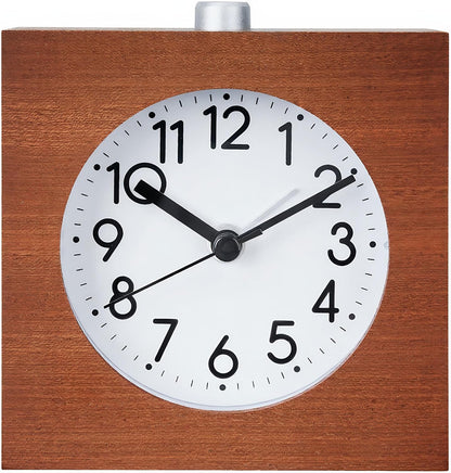 Wooden Analog Alarm Clock Silent Battery Operated with Night Light