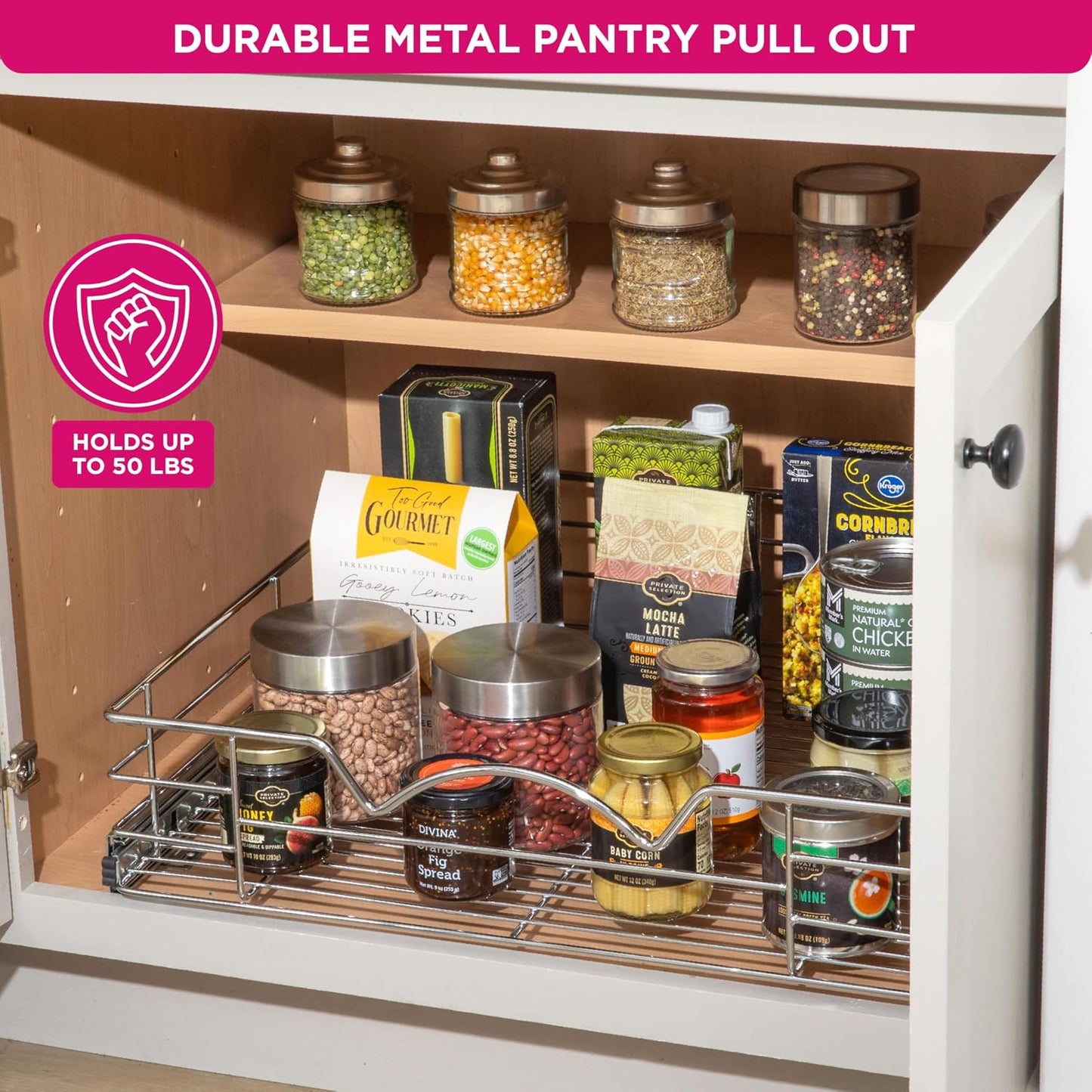 HOLDN’ STORAGE Pull Out Cabinet Organizer, Pantry Drawer, 14"W x 21"D x 5"H | Heavy-Duty Full-Extension, Roll Out Shelf for Pots, Pans & Under Sink Storage, Chrome, Require a 15.25"W Cabinet Opening