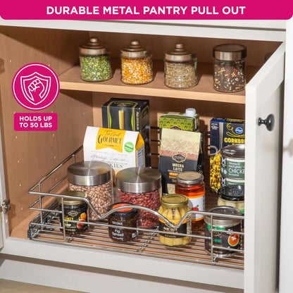 HOLDN’ STORAGE Pull Out Cabinet Organizer, Pantry Drawer, 14"W x 21"D x 5"H | Heavy-Duty Full-Extension, Roll Out Shelf for Pots, Pans & Under Sink Storage, Chrome, Require a 15.25"W Cabinet Opening