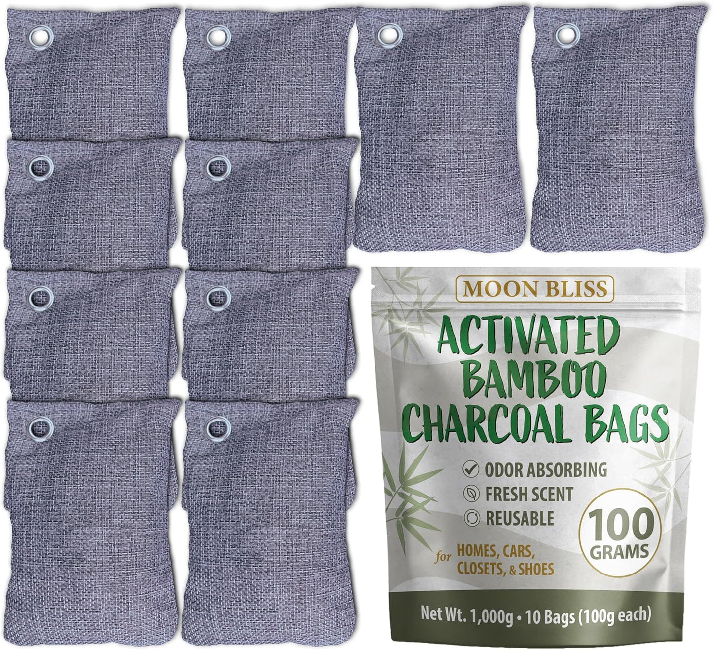 100g Bamboo Charcoal Bags (Pack of 10 Bags) - Activated Charcoal Odor Absorber - Reusable Bags for Homes, Cars, Closets, & Shoe Odor - Absorbs Odors & Moisture - Organic Sustainable Room Air Freshener