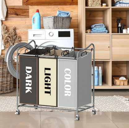 Simple Houseware Heavy Duty 3-Bag Laundry Sorter Rolling Cart, Dark Grey | Removable Bags and Lockable Wheels for Laundry Room Organization
