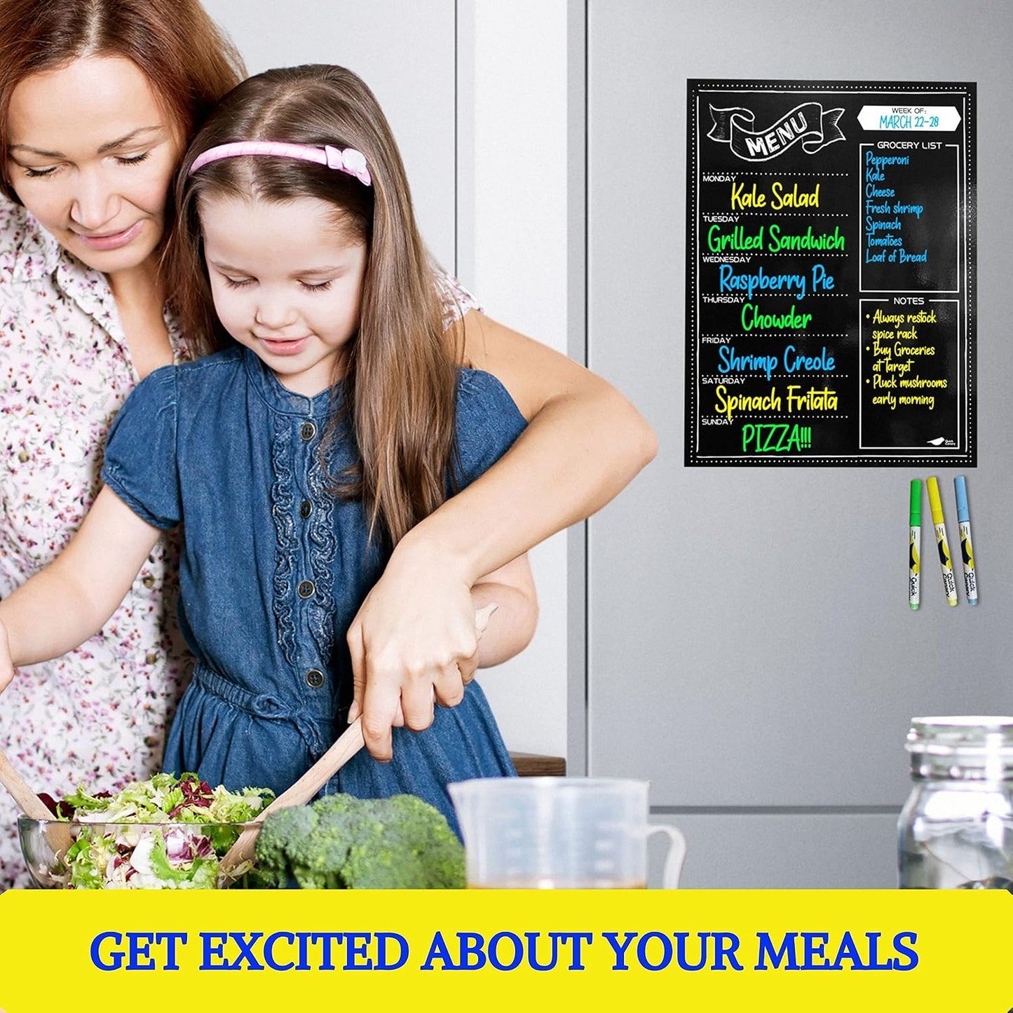 White Magnetic Dry Erase Weekly Menu Board for the Fridge | Weekly meal and dinner planner, 7-day grid, grocery and to-do lists, 12x16 inches, fits standard fridge, 3 markers, eraser