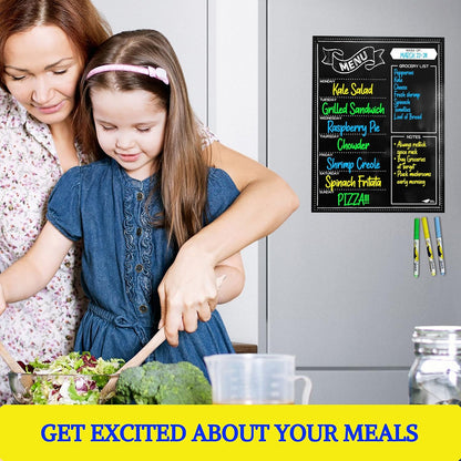 White Magnetic Dry Erase Weekly Menu Board for the Fridge | Weekly meal and dinner planner, 7-day grid, grocery and to-do lists, 12x16 inches, fits standard fridge, 3 markers, eraser