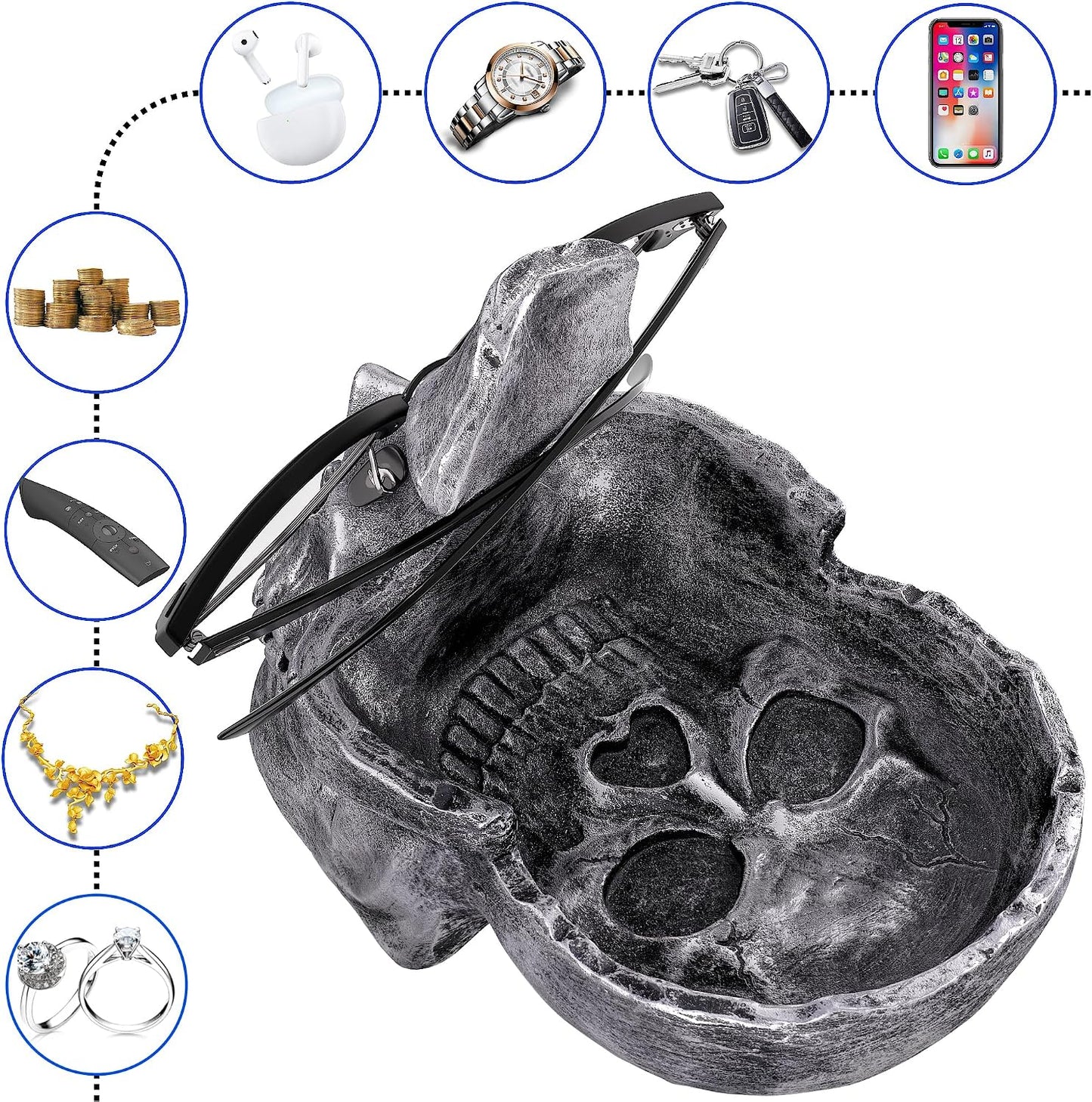 READAEER Skull Glasses Stand Holder, Creative Eyeglasses Holder, Sunglasses Spectacle Display Rack, Key Holder Resin Sculptures for Entryway, Home, Office, Desk, Nightstand (White)
