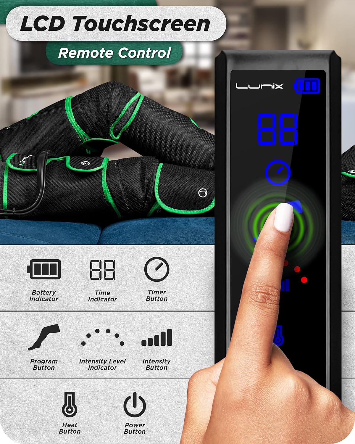 Lunix LX10 Full Leg Massager with Heat & Cold Therapy – Cordless Compression Boots for Circulation, Pain Relief & Recovery – Adjustable Fit with Extra Straps, Touchscreen Remote, Travel Bag