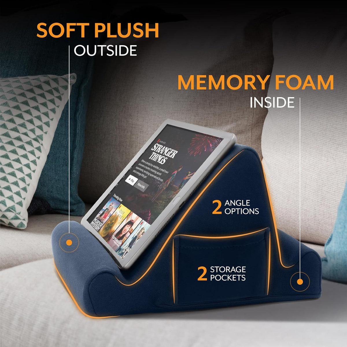 Brookstone Tablet Lap Cushion - Tablet/Phone/Ebook Holder for Bed, Flights, and Travel, Memory Foam Lap Desk for Reading and Hands Free Viewing, Compatible iPad and Kindle Accessories, Grey