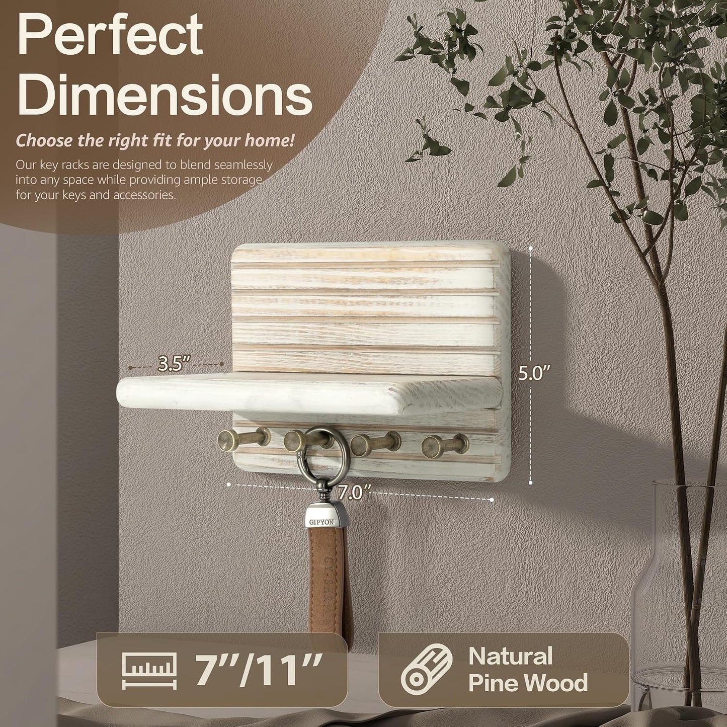Rebee Vision Pine Wood Key Holder Wall Mount with Shelf for Entryway, Brown | 6 Key Hooks, Round Corner, Smooth&Hand-Friendly, Clear Wood Texture, Space-Saving Design, Organize Mail & Letter