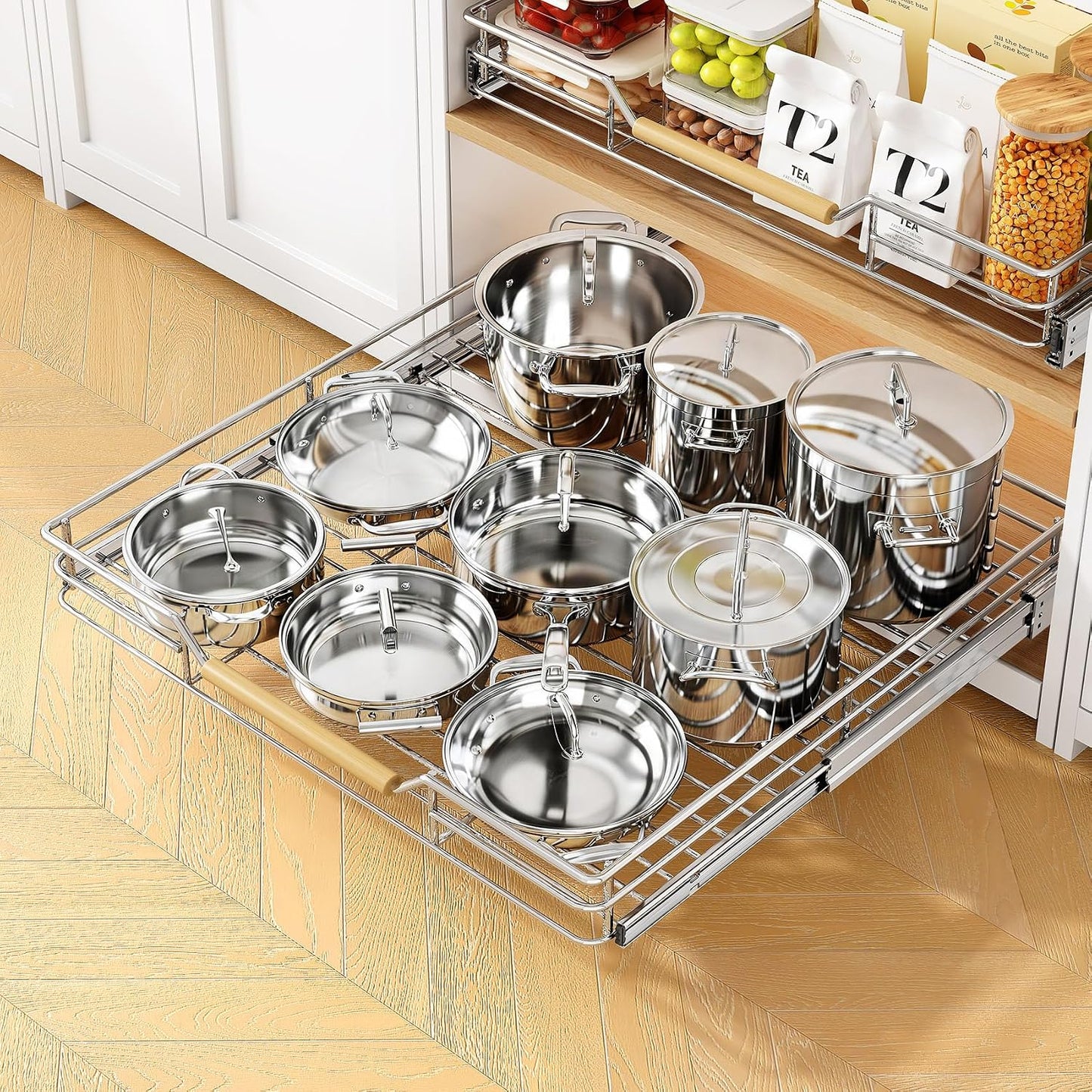 Pull out Cabinet Organizer, 15"W X 21"D, Heavy Duty Smooth Sliding Under Cabinet Shelves for Pots and Pans, Full-Extension Roll out Drawers, Slide out Organization for Home Kitchen Pantry