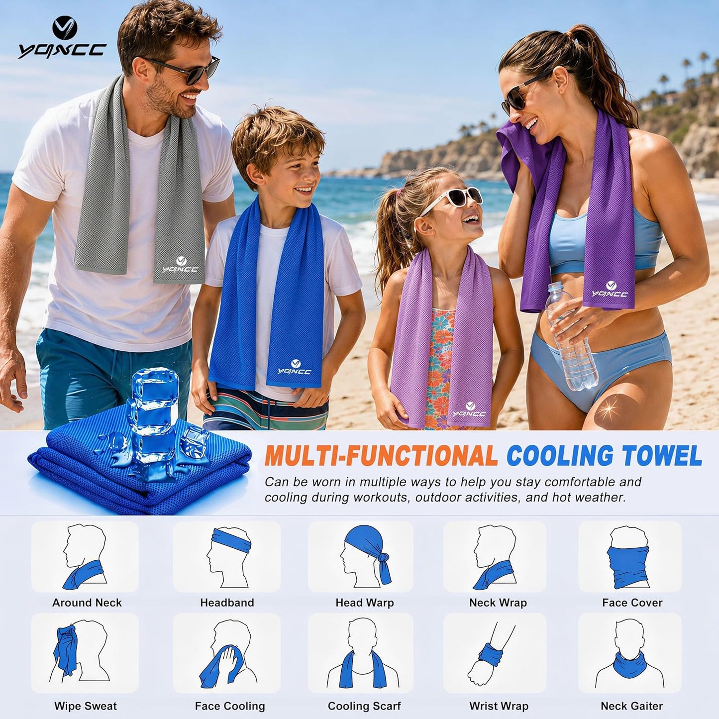 YQXCC 4 Pack Cooling Towels 40"x12", Cold Cool for Neck & Face | Cooling Neck Wraps, Soft Breathable Microfiber Chilly Towels, Ideal for Gym, Yoga, Golf, Running, Camping & Hot Weather