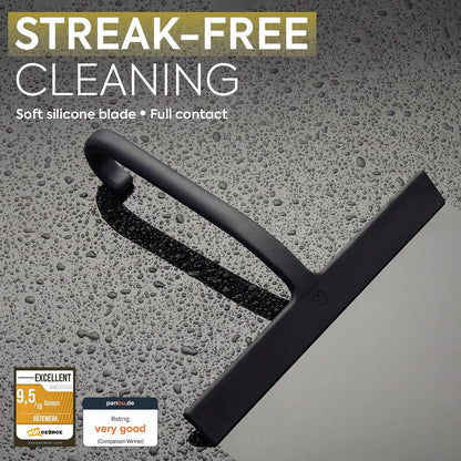 Shower Squeegee for Glass Doors, 10″ Black with No-Drill J-Hook | Hang Anywhere Without Adhesive, Seamless One-Piece Silicone, Encased Steel Core, Streak-Free Shower Squeegee for Glass & Tile