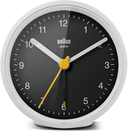 Braun Classic Analogue Alarm Clock with Snooze and Light, Quiet Quartz Movement, Crescendo Beep Alarm in White, Model BC12W.