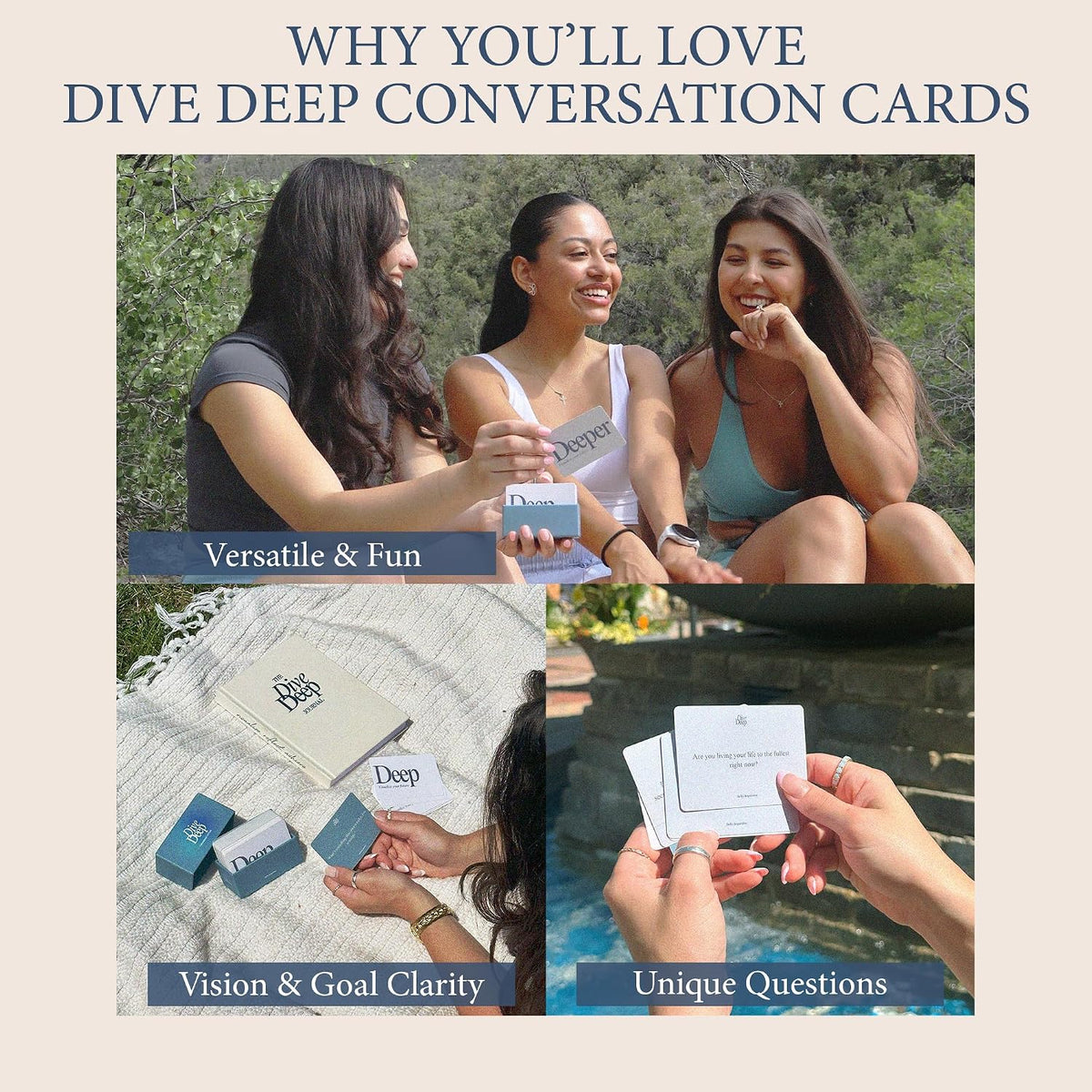 Daily Dopamine Dive Deep Conversation Cards: 105 Questions, 3 Levels for Self-Reflection, Connection & Visualization - Deep Conversations Card Game for Adults, Teens, Couples, Friends & Coworkers