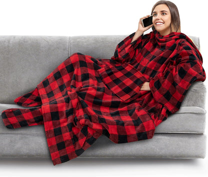 PAVILIA Fleece Blanket with Sleeves and Foot Pockets Women Men, Dark Purple