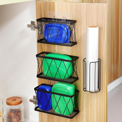 YIGII 3 Pack Adhesive Cabinet Organizer - Pantry Door Organizer Bin Holder for Tupperware Lid Kitchen, Black Stainless Steel