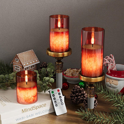 Battery Operated Flameless Candles with Remote & Timer, Gold Glass 3Pack | Real Wax Crystal Texture, D3×H4/5/6", 2/4/6/8H Timer, Dimming, Flickering Realistic LED Candles for Wedding Table Decor