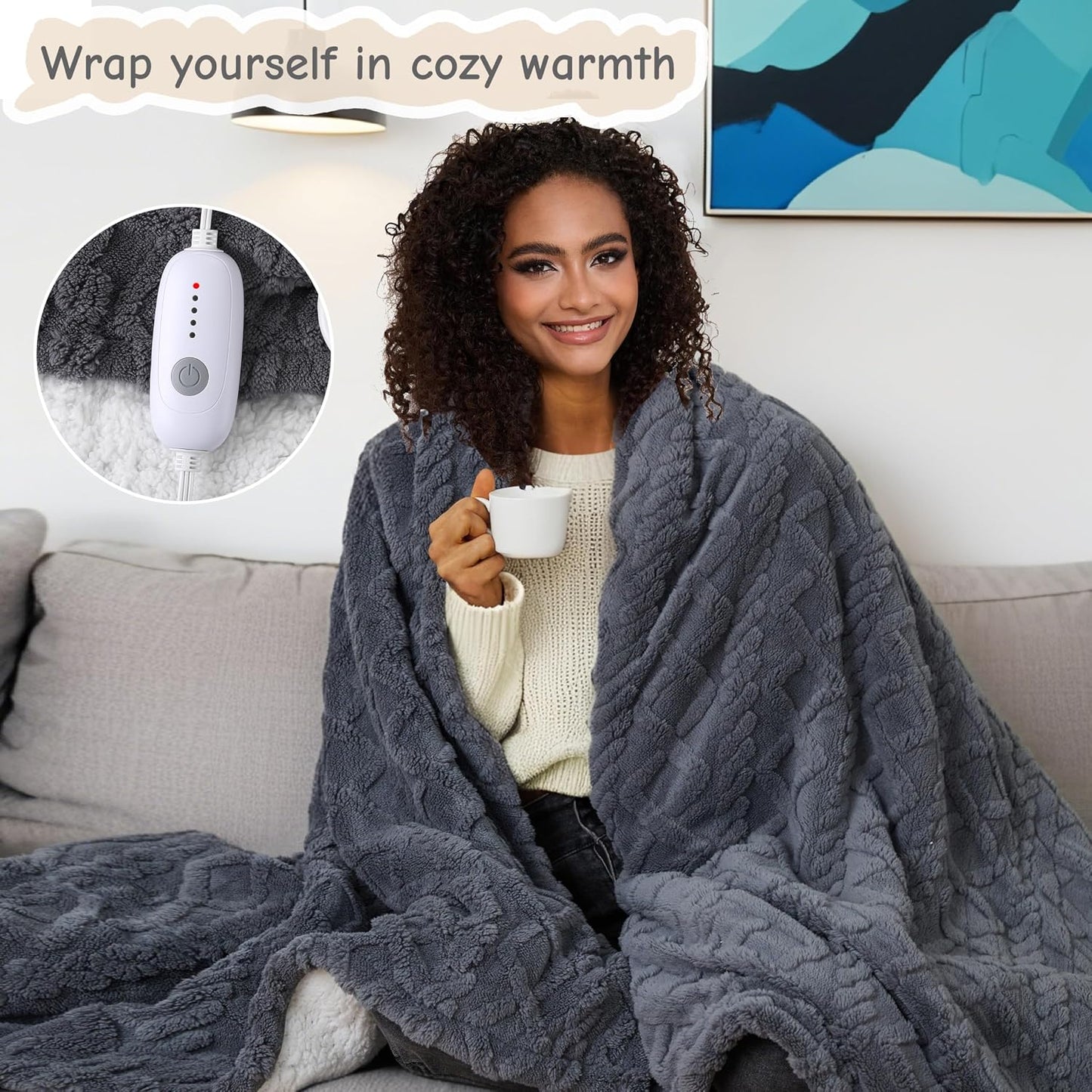 Soypipo Electric Heated Throw Blanket 50"x60", Faux Fur Plush with 4 Heat Settings & 2/4/8/10H Auto Shut-Off, Overheat Protection, Machine Washable, for Office & Chair, Dark Grey
