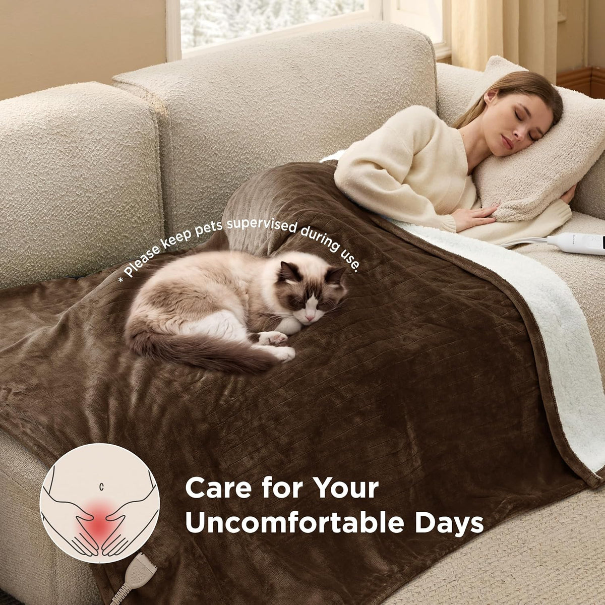 Bedsure Heated Blanket Throw, Soft Electric Blanket with Preheat, Cream