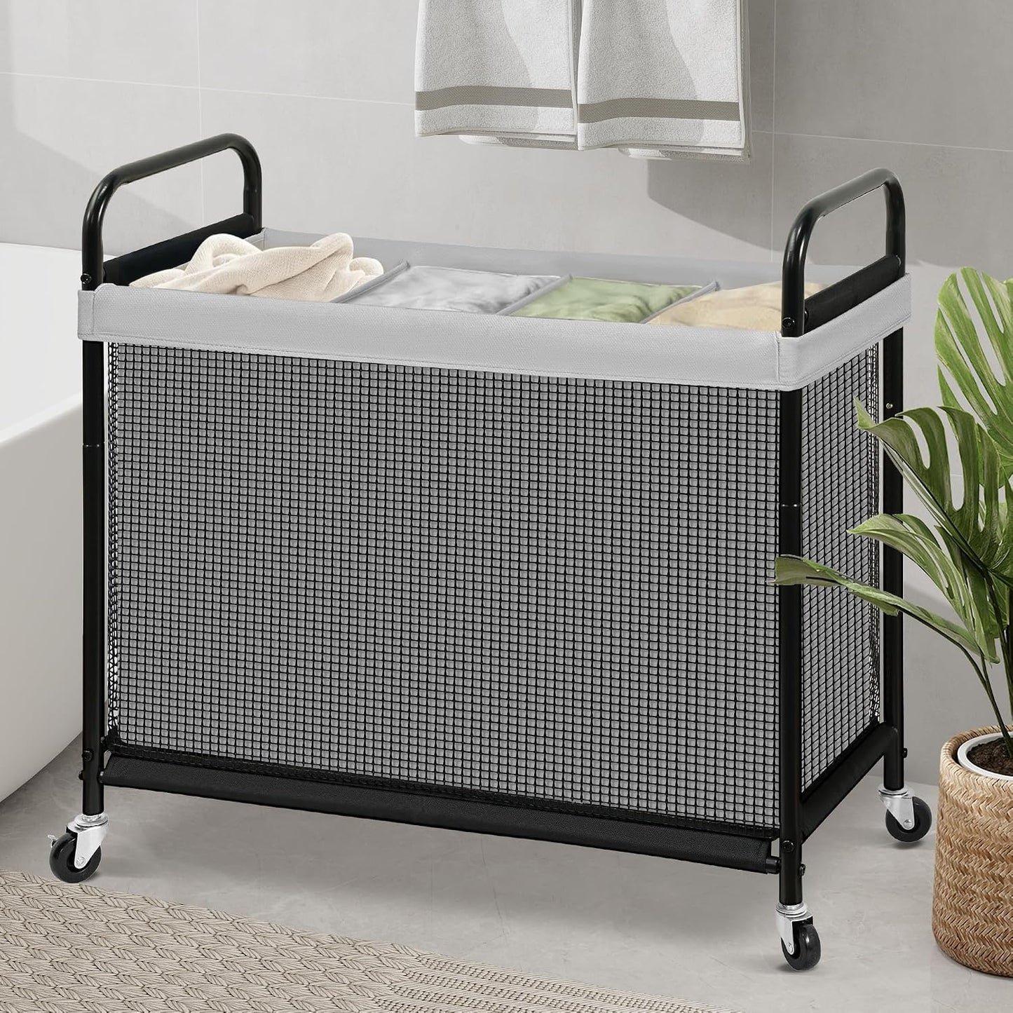 STO STO Laundry Hamper 2 Section, 100L Rolling Laundry Sorter Cart with Removable and Washable Liner Bag, Clothes Hamper with Wheels and Metal Handle for Laundry Room and Bedroom