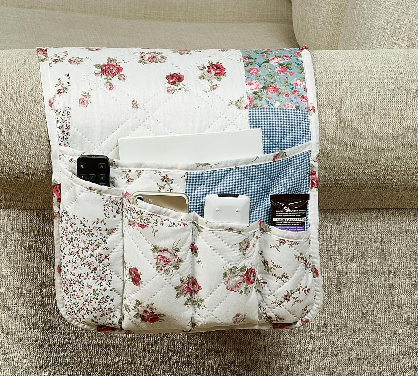 Brilliant Sunshine Burgundy Toile Floral Couch Armrest Cover, 35"×13" | Washable Magazine Holder, Armrest Organizer & Caddy on Sofa, Recliner, Armchair, Storage for Remote Controls, Phone, iPad