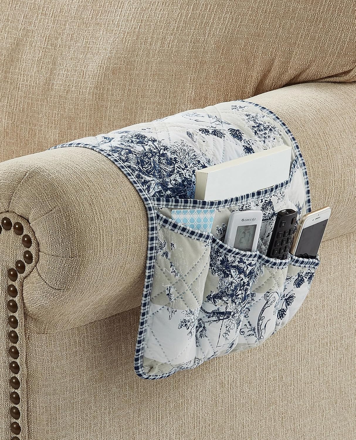 Brilliant Sunshine Burgundy Toile Floral Couch Armrest Cover, 35"×13" | Washable Magazine Holder, Armrest Organizer & Caddy on Sofa, Recliner, Armchair, Storage for Remote Controls, Phone, iPad