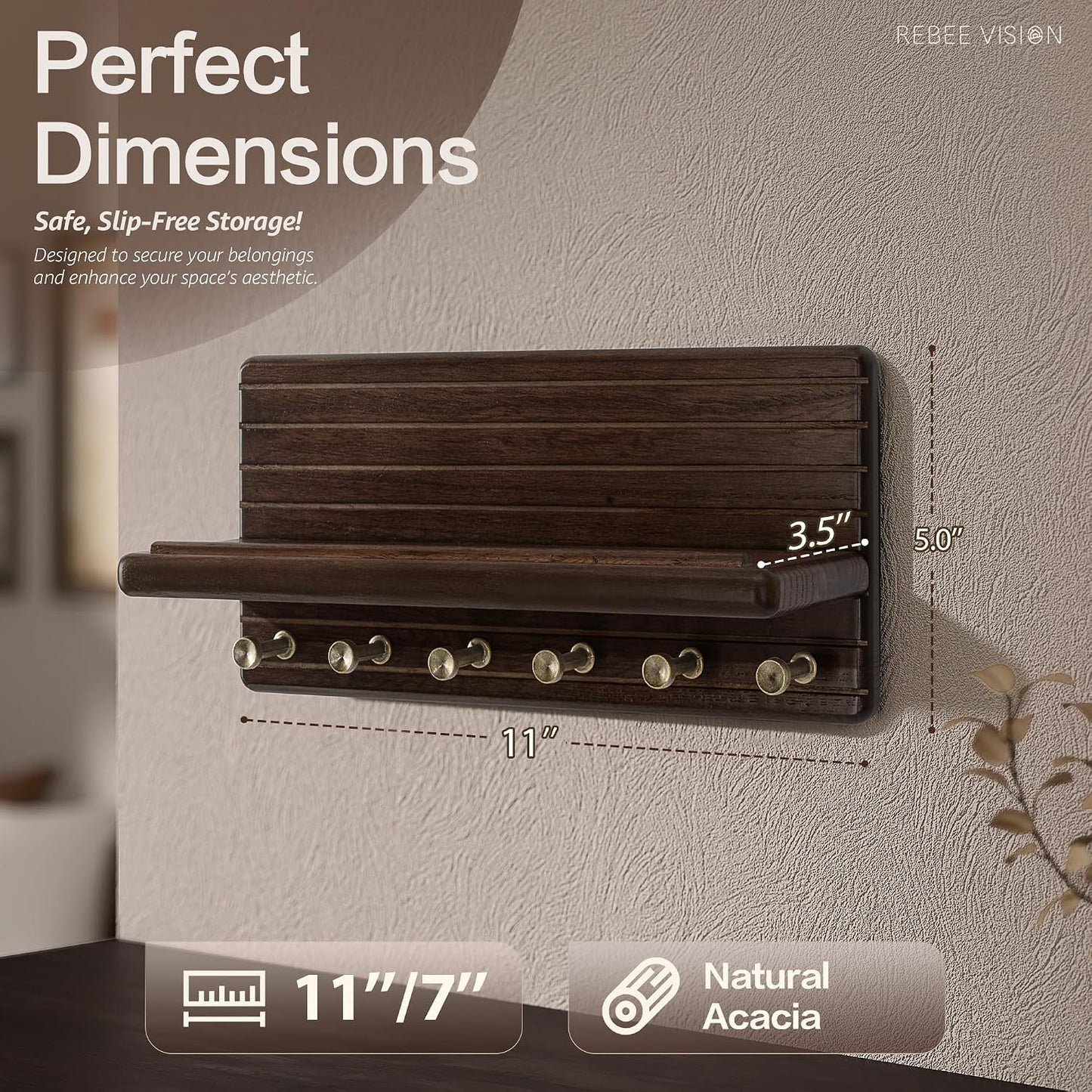 Rebee Vision Pine Wood Key Holder Wall Mount with Shelf for Entryway, Brown | 6 Key Hooks, Round Corner, Smooth&Hand-Friendly, Clear Wood Texture, Space-Saving Design, Organize Mail & Letter