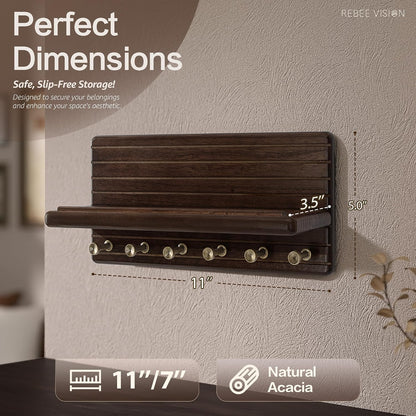 Rebee Vision Pine Wood Key Holder Wall Mount with Shelf for Entryway, Brown | 6 Key Hooks, Round Corner, Smooth&Hand-Friendly, Clear Wood Texture, Space-Saving Design, Organize Mail & Letter