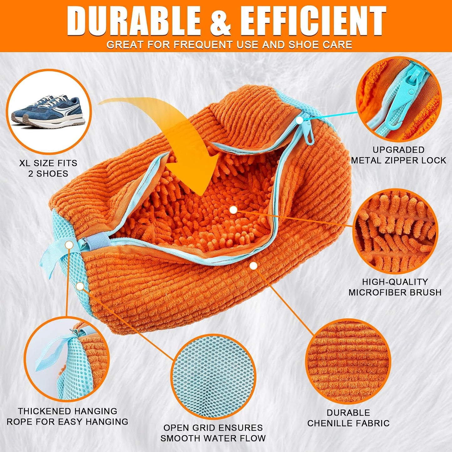 Shoe Washing Machine Bag: Shoes Come Out Clean & Protected during Washing | 2PC Laundry Shoe Bag for Washer and Dryer, Auto-Lock Zipper, Chenille Microfiber Lining, 17 x 7.5 inch, Durable, Yellow