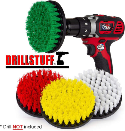 4in Soft, Medium and Stiff Drill Brush Attachment Power Scrubber Brush Set | 4 Piece Power Scrubbing Brushes Drill Attachment Kit - Spin Brushes for Cleaning Showers, Tubs, Bathroom, Tile, Grout, Carpet