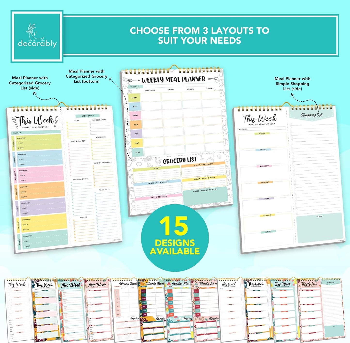 Decorably 52 Sheets Pastel Rainbow Undated Magnetic Weekly Meal Planner | 8.5x11in Grocery List Notepad Meal Planner with 4 Strong Magnets - Spring-Bound, Refrigerator Mountable, Easy Tear-Off Design