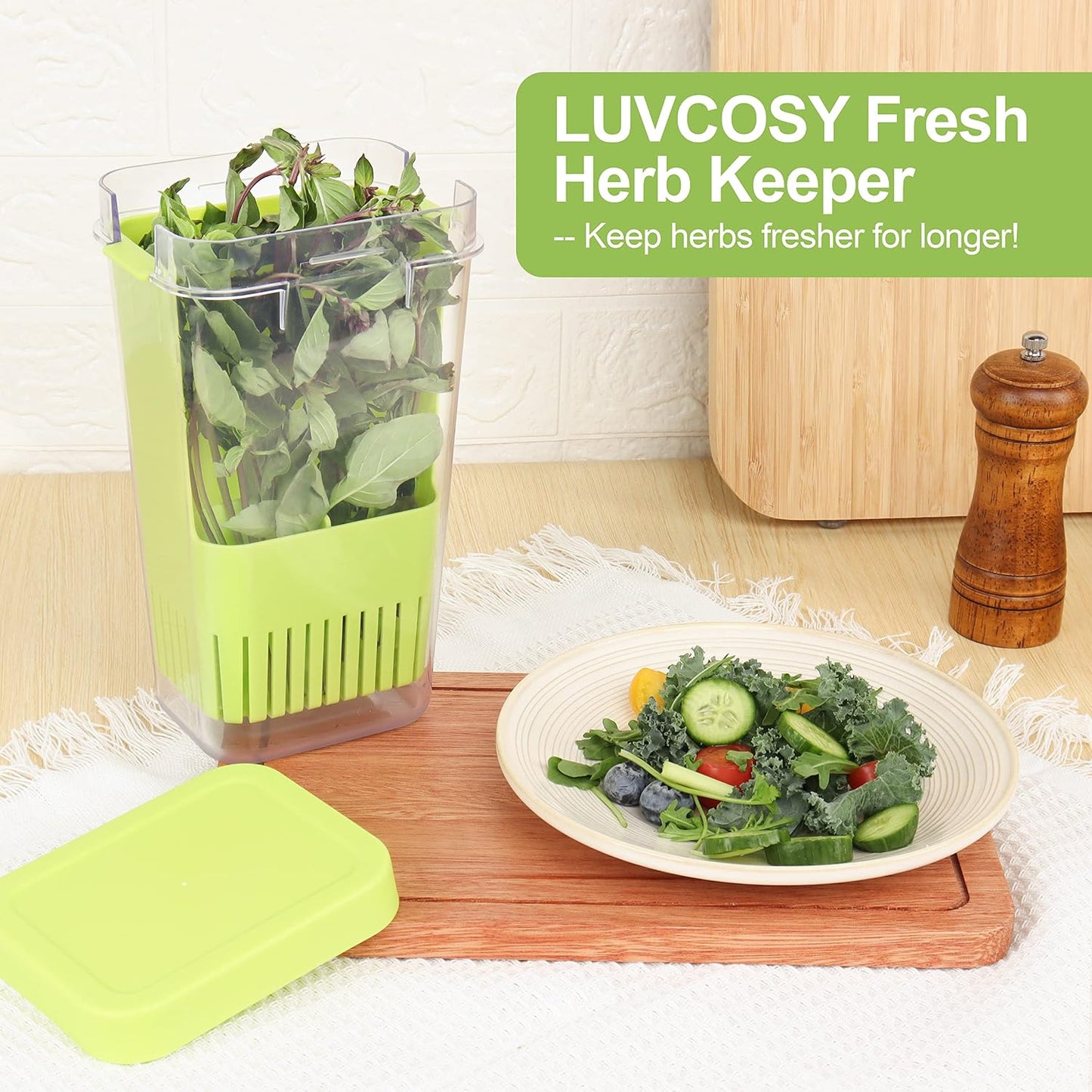 LUVCOSY 3 Pack Herb Keeper, BPA-Free Plastic Herb Saver with an Inner Basket for Cilantro, Mint, Parsley, and Asparagus, Keeps Fresh Herbs for 3 Times Longer