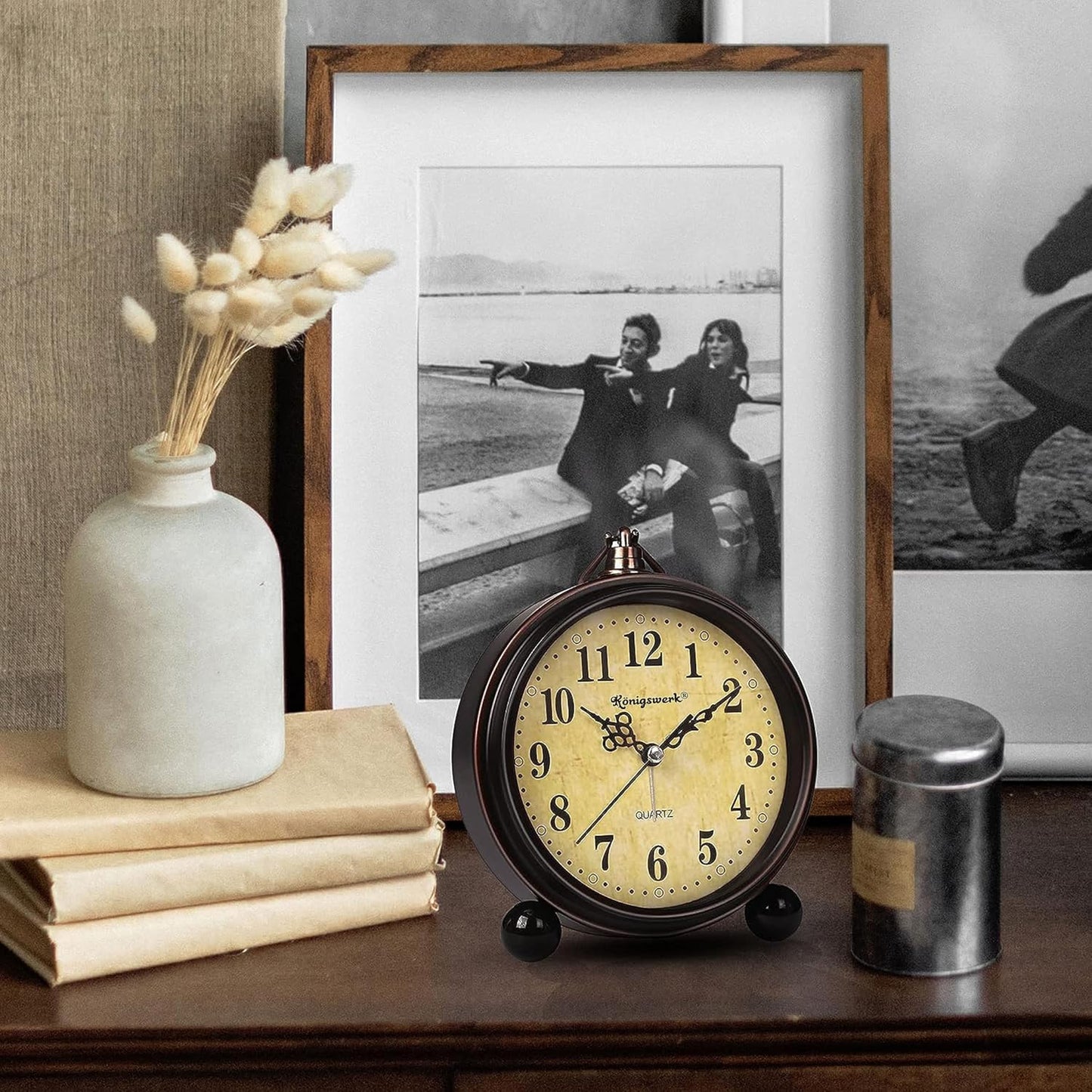 Vintage Analog Alarm Clock | Classic Small 5.25 inch Silent Desk Clock Night Light Battery Operated Table Bedroom