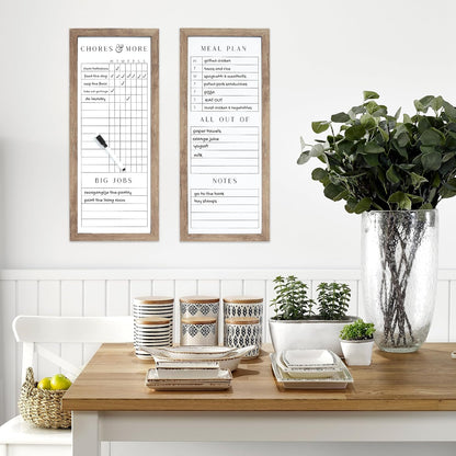 Sheffield Home Set of Two Family Planner Dry Erase Boards Featuring, Chore Chart, Shopping List, Weekly Meal Planner and Notes, 9x21 Inch, Natural