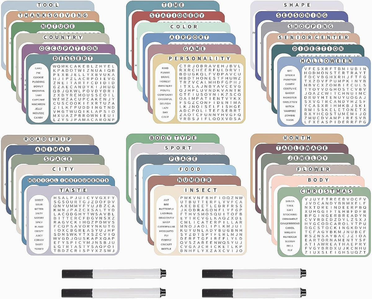 12 or 36 Pcs Reusable Word Search Cards for Dementia Game-Dementia Activities for Seniors with Alzheimer's-Elderly Alzheimer's Toys-Large Print Word Search Books (12 Reusable Word Search Card)
