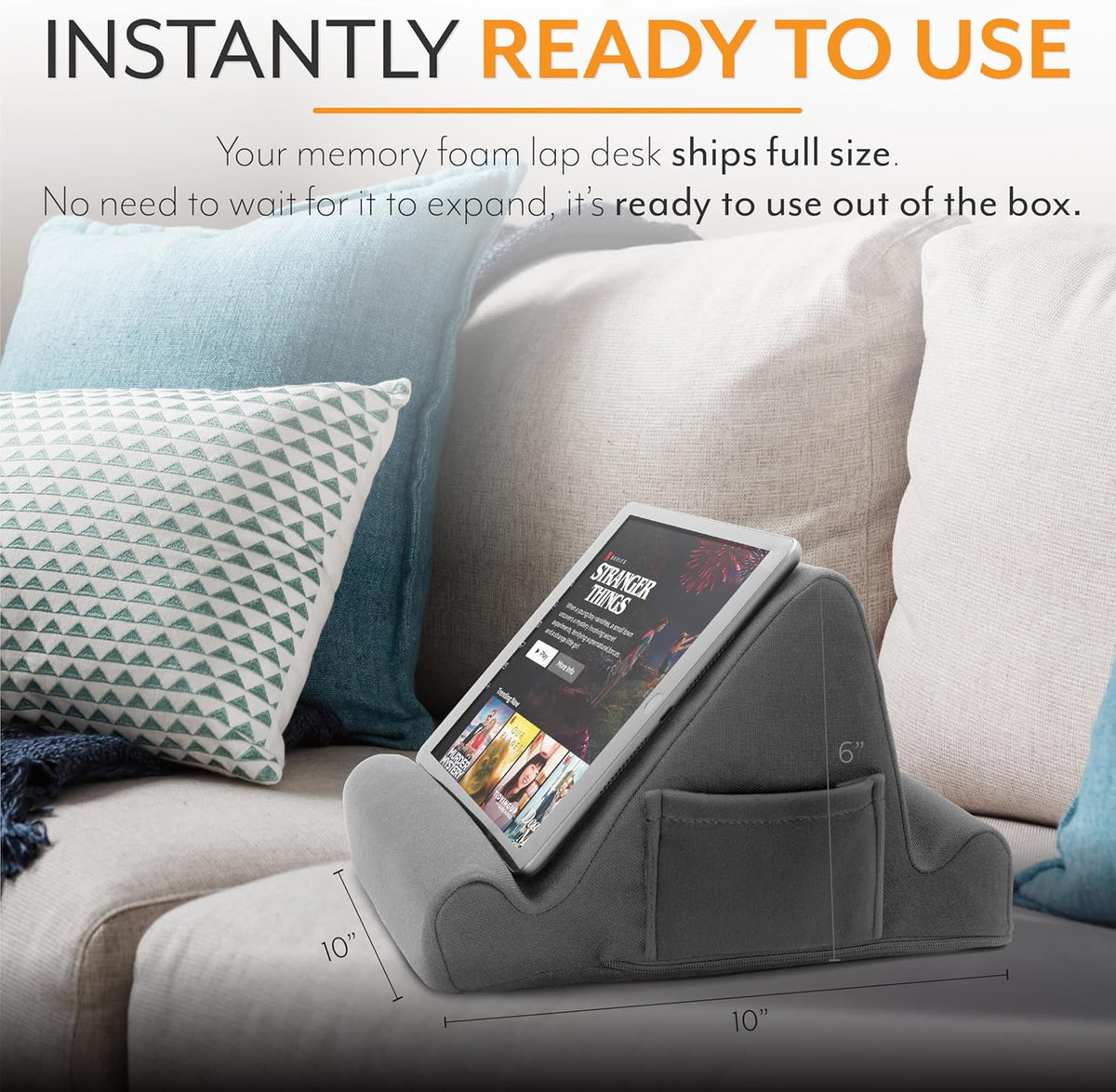 Brookstone Tablet Lap Cushion - Tablet/Phone/Ebook Holder for Bed, Flights, and Travel, Memory Foam Lap Desk for Reading and Hands Free Viewing, Compatible iPad and Kindle Accessories, Grey