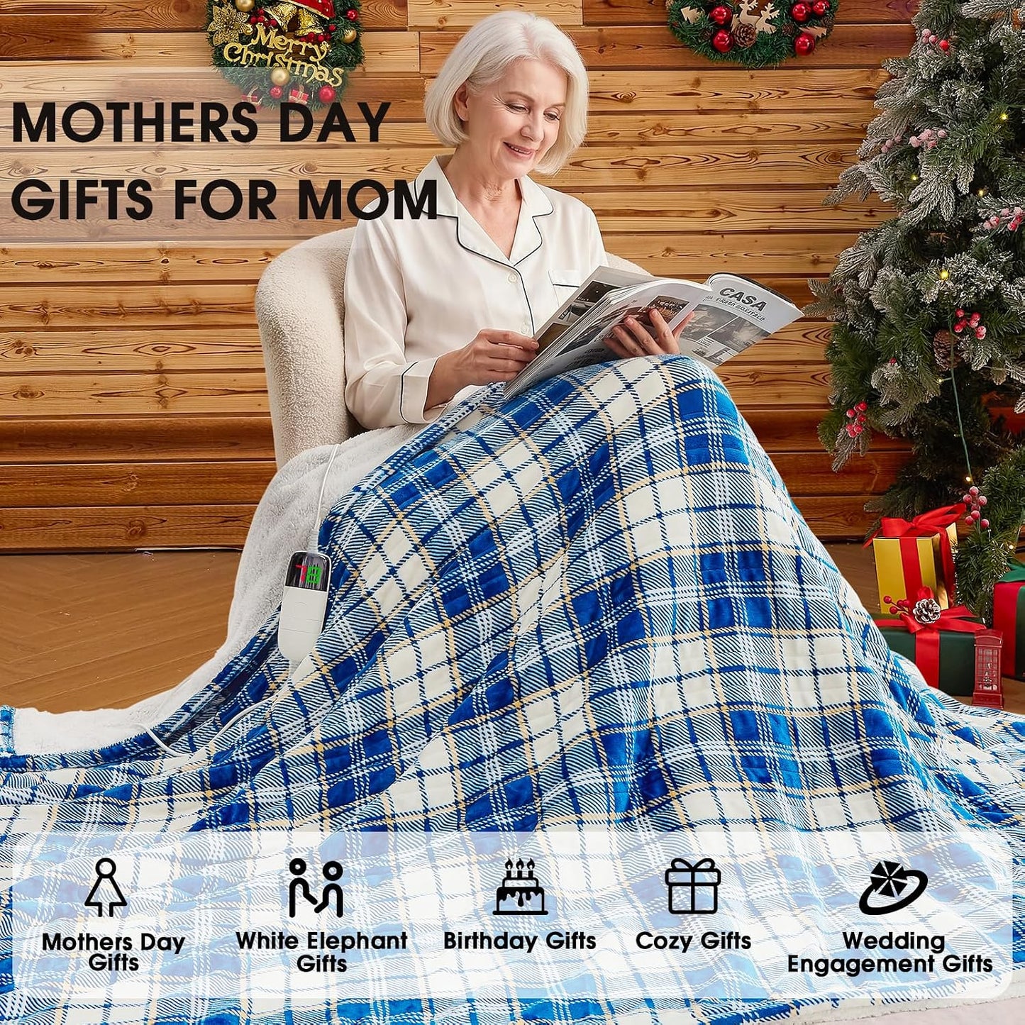 Heated Blanket Electric Throw 50X60 Heating Blanket with 10 Heating Levels 8 Hours Auto Off, Blue Plaid Sherpa Blankets Winter Warmer, Home Decor for Couch Bed Office,Gifts for Mom, Women,Washable