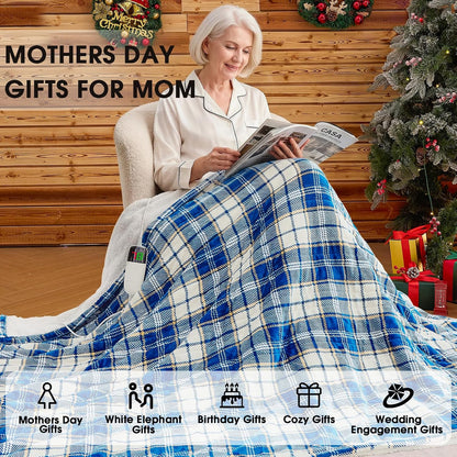 Heated Blanket Electric Throw 50X60 Heating Blanket with 10 Heating Levels 8 Hours Auto Off, Blue Plaid Sherpa Blankets Winter Warmer, Home Decor for Couch Bed Office,Gifts for Mom, Women,Washable