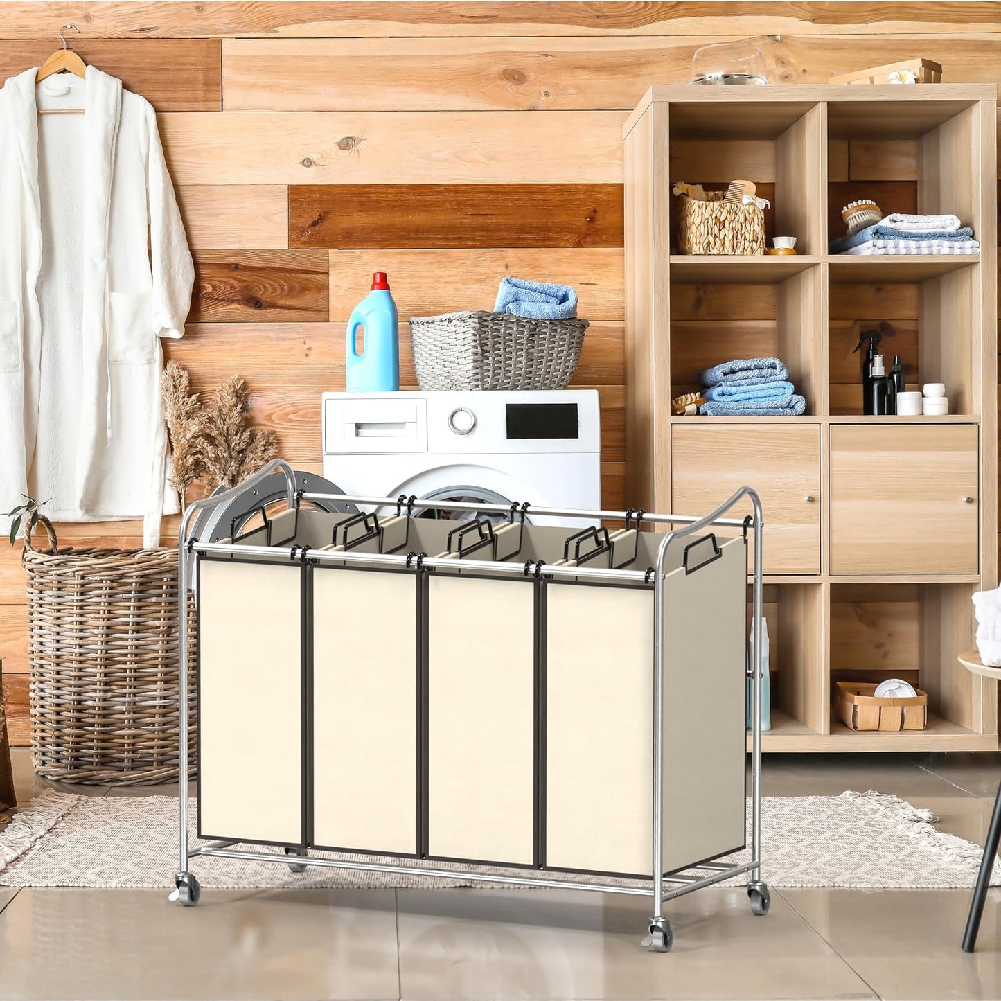 Simple Houseware 4-Bag Heavy Duty Laundry Sorter Rolling Cart, Dark Grey | Removable Bags and Lockable Wheels for Laundry Room Organization