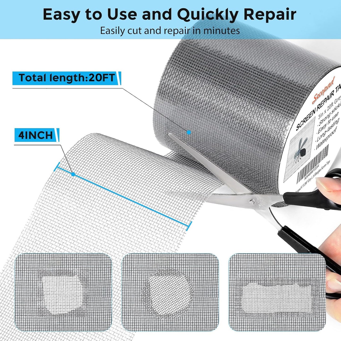 Secopad 2" x 420" (35FT) Screen Repair Tape, Screen Repair Kit, Black | Window Screen Patch, Quick Repair, Strong Adhesive, Easy to Use, For Mesh Window & Door, Cuttable Fiberglass, No Tools Needed