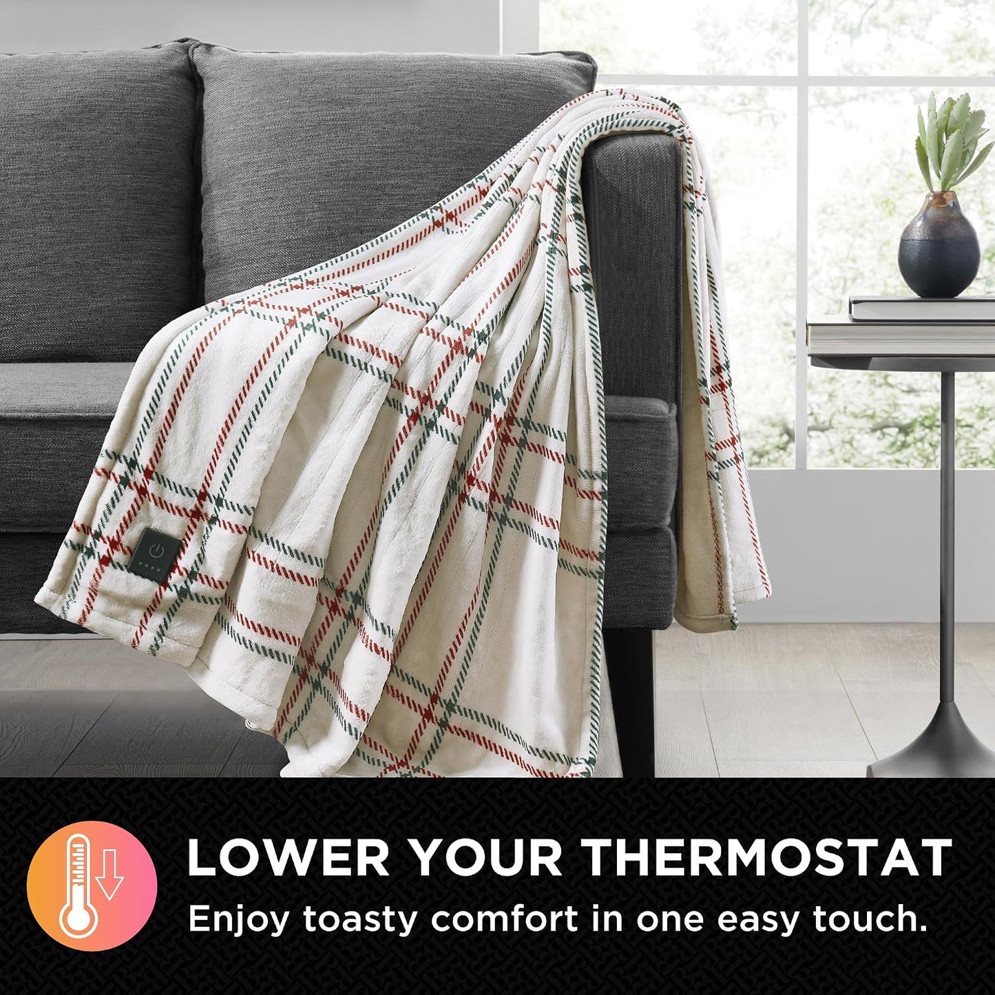 Brookstone Electric Heated Plush Throw - Heated Blankets - 4 Heat Settings, 4-Hour Auto Shut Off, 100% Polyester, 50"x60" - Blue Trellis