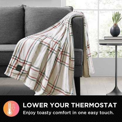 Brookstone Electric Heated Plush Throw - Heated Blankets - 4 Heat Settings, 4-Hour Auto Shut Off, 100% Polyester, 50"x60" - Blue Trellis