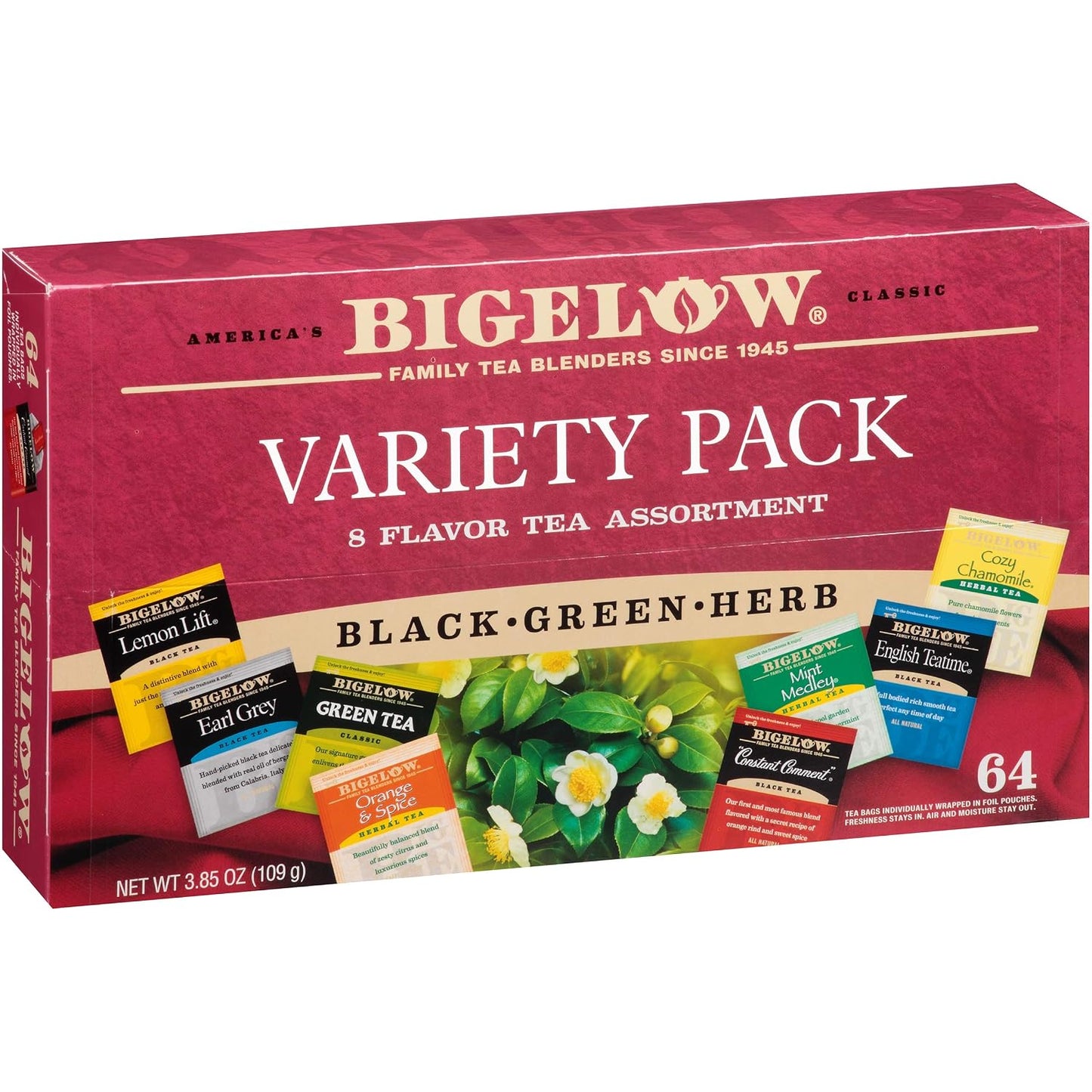 Bigelow Tea Caffeine Free 6 Flavor Herbal Tea Variety Pack, Decaf Tea with Mint Medley, Cozy Chamomile, Orange and Spice, Sweet Dreams, Perfect Peach, and Lemon Ginger, (Pack of 6), 118 Total Tea Bags