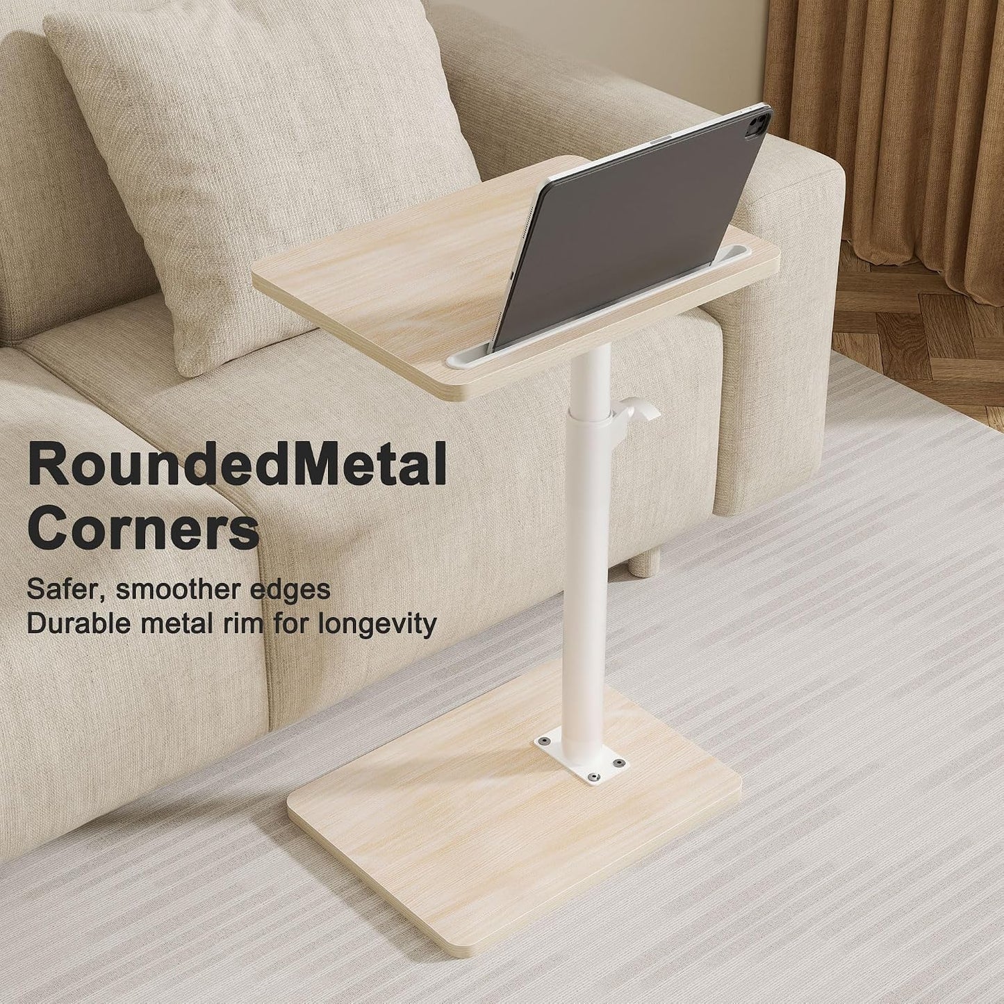 YUHFERA Sofa Armrest Tray Table for Couch - 360° Swivel Height Adjustable End for Small Spaces, Snack Side Table for Bed or Chair with Phone & Tablet Slot (Rustic,Standard)