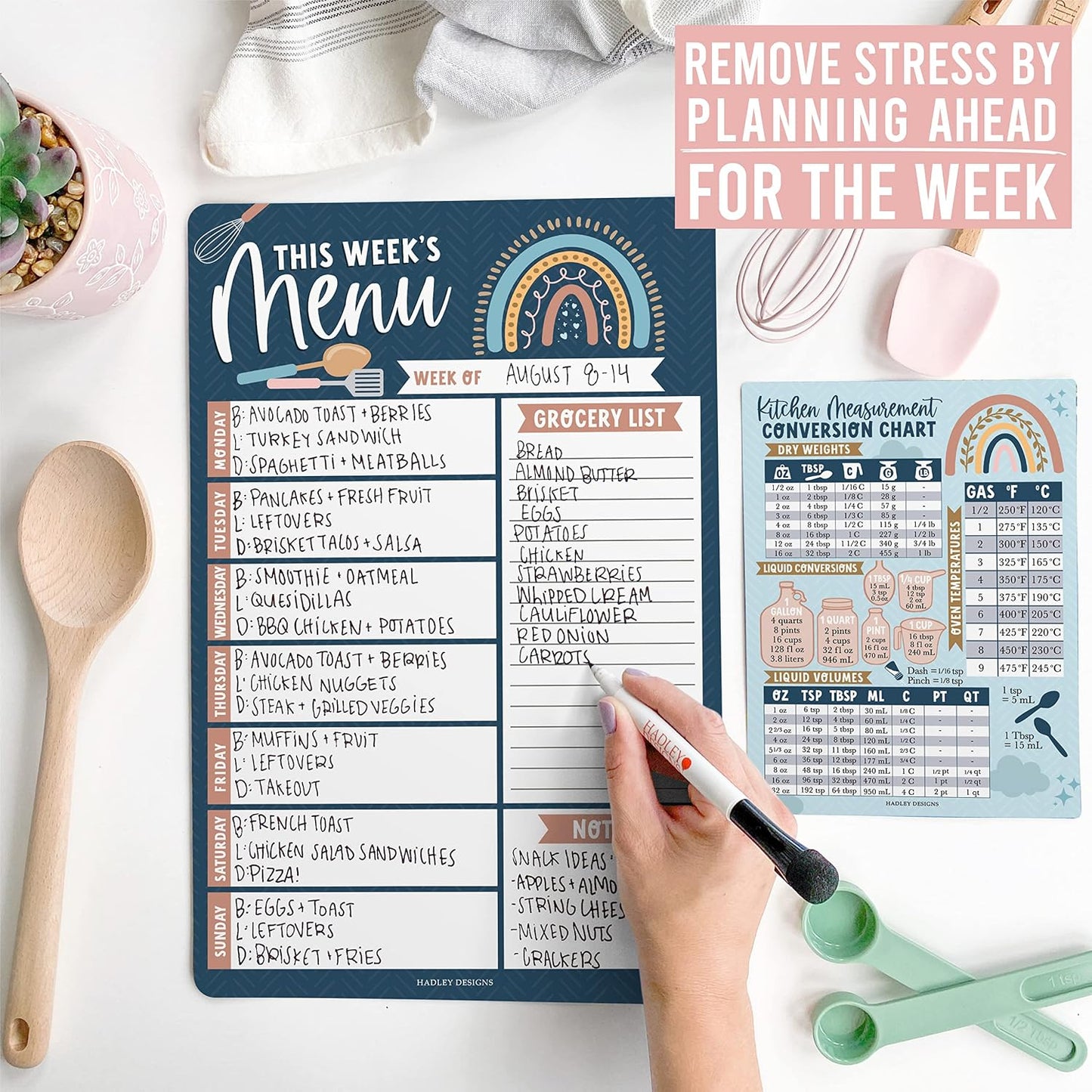 Hadley Designs Weekly Meal Planner for Fridge - Dinner Menu Board for Kitchen, Kraft Weekly Menu Board Dry Erase, Dry Erase Meal Planner for Fridge, Grocery List for Fridges with Conversion Chart