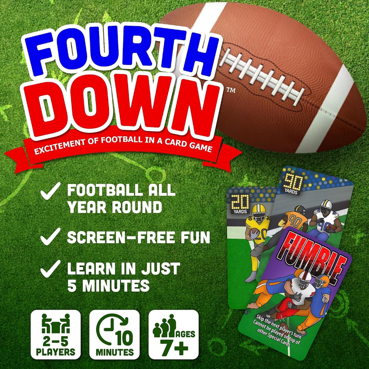 Fourth Down Football Card Game for Kids & Families | Fast-Paced Sports Game for Kids 8-12 | Birthday Gift for Boys, Travel Game | Illustrated Football Cards