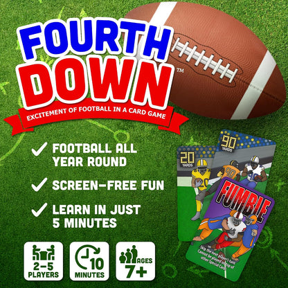 Fourth Down Football Card Game for Kids & Families | Fast-Paced Sports Game for Kids 8-12 | Birthday Gift for Boys, Travel Game | Illustrated Football Cards