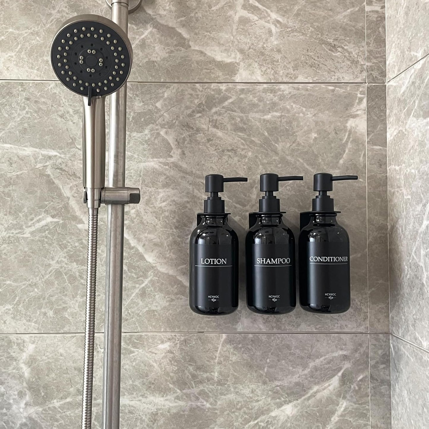 3 Pack Wall Mount Shower Dispenser, No Drill, 16 Waterproof Labels | Shampoo Dispenser for Shower Wall, Shampoo and Conditioner Dispenser, Bathroom, 17oz, Gold Amber