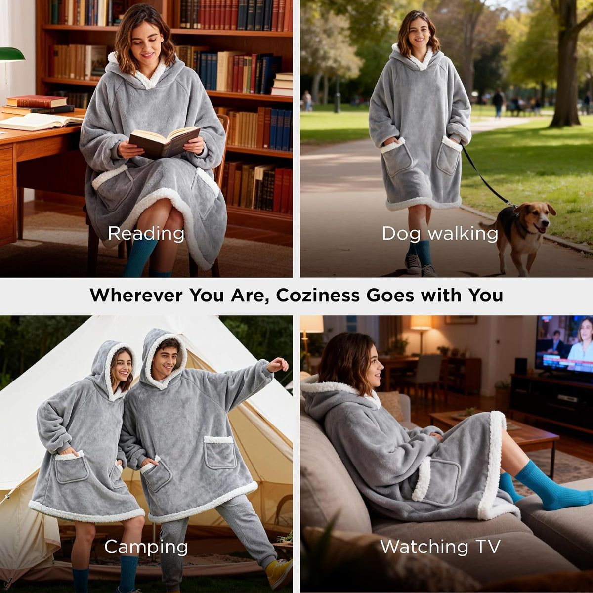 Bedsure Wearable Blanket Sherpa Hoodie Gifts, Sweatshirt, Grey, Standard