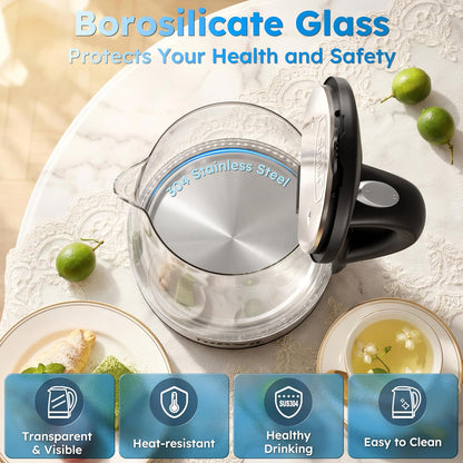 TOPWIT 2.0L Glass Electric Kettle, Hot Water Boiler, BPA-Free | Stainless Steel Bottom & Lid, Fast Boil, Auto Shut-Off & Boil-Dry Protection, No Plastic Odor | for Tea, Coffee, Home, Office