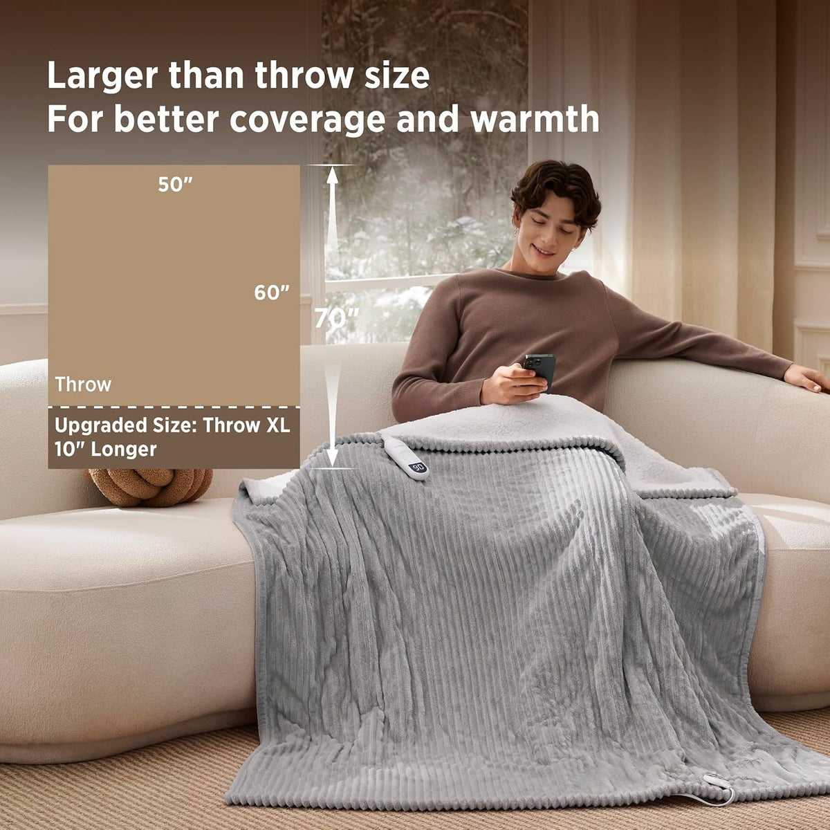 Bedsure GentleSoft Heated Blanket Throw - Soft Ribbed Flannel Electric Blanket, Gifts for Grandma (50x60 inches, Grey)